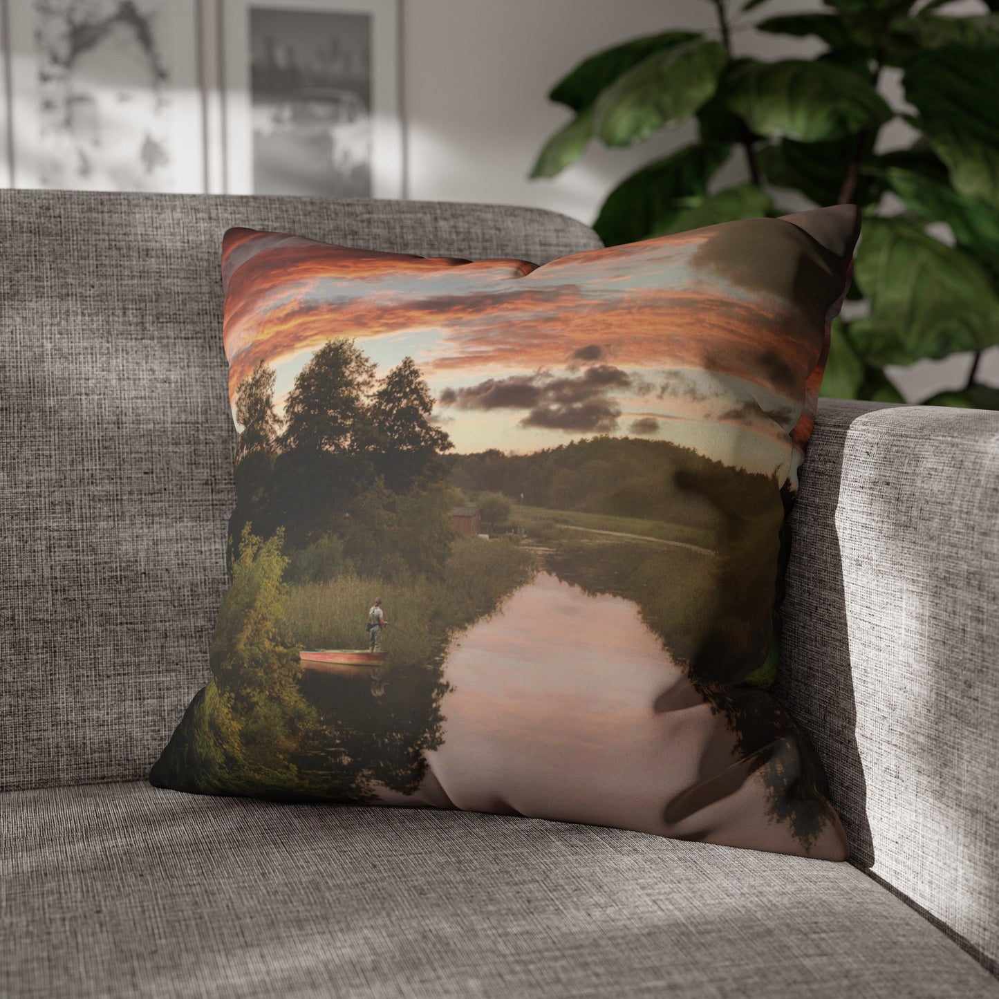 Faux Suede Square Pillowcase with Landscape