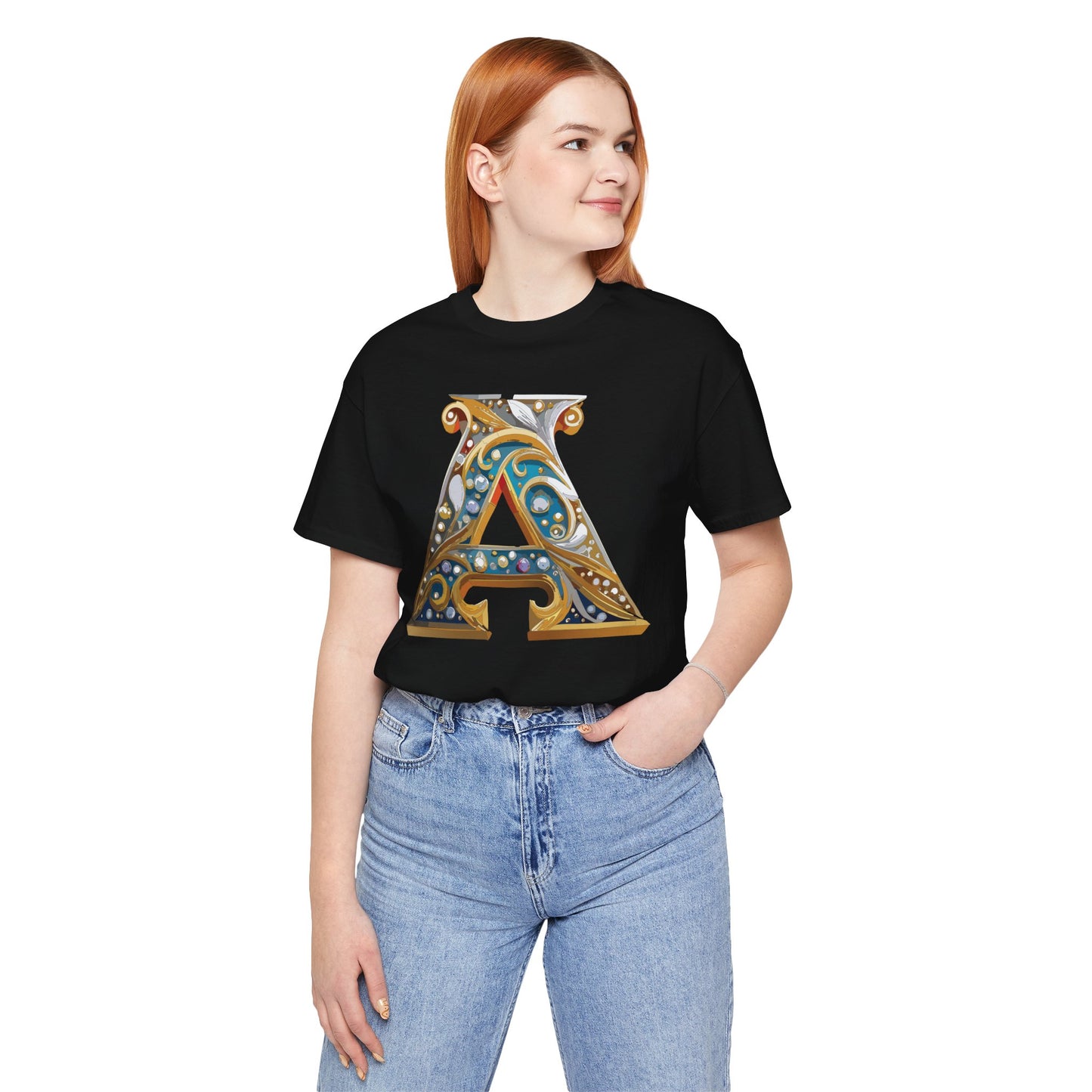 Letter Shirt, Shirt with Letters, Tee Shirt with Gold Letter, Shirt with Antique Letters
